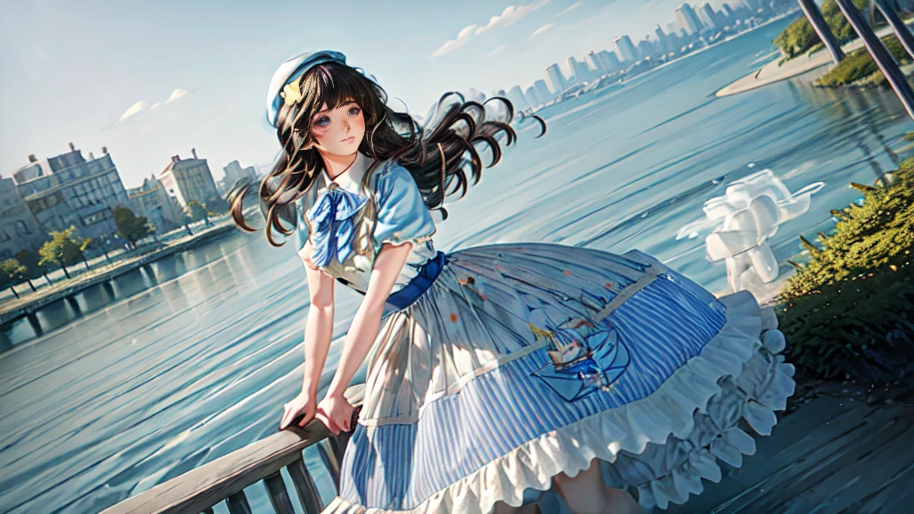 A girl in a white dress with a blue ribbon is walking on a bridge over a river, Holding an umbrella. She has long black hair and brown eyes.. The photo was taken from a high angle, Photographing Water and Cityscapes. The sun is behind her, Create a lens flare next to your photo. The photo is overexposed, Makes the white dress and umbrella look brighter. Focus is soft, Make your photos dreamy. The edges of the photo are dark, Add contrast to the scene. Low photo quality, Rough texture and faded colors.