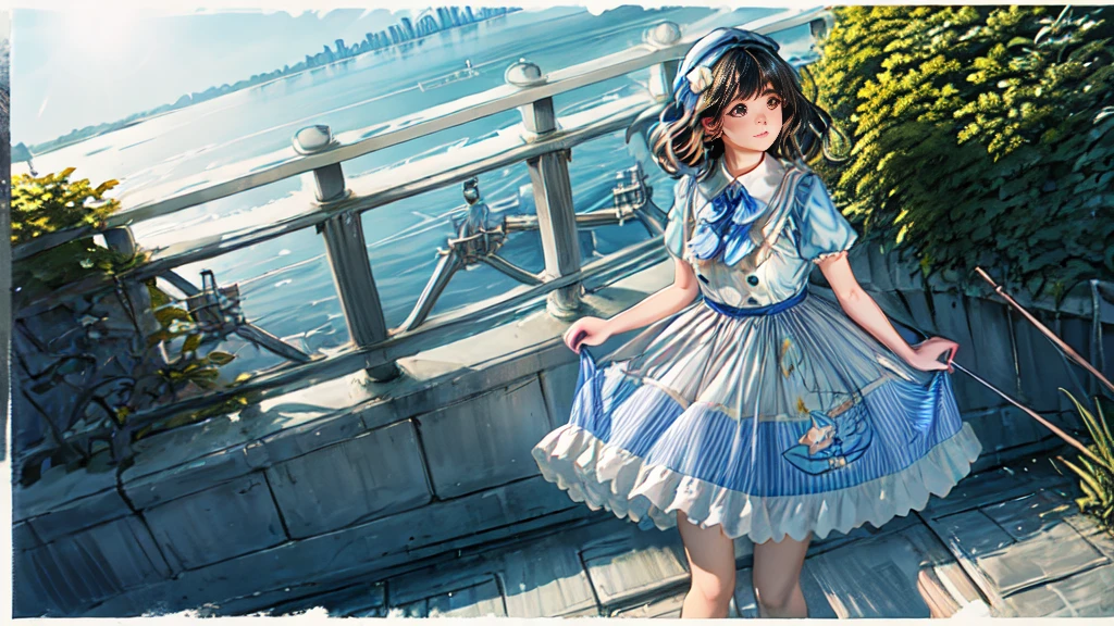 A girl in a white dress with a blue ribbon is walking on a bridge over a river, Holding an umbrella. She has long black hair and brown eyes.. The photo was taken from a high angle, Photographing Water and Cityscapes. The sun is behind her, Create a lens flare next to your photo. The photo is overexposed, Makes the white dress and umbrella look brighter. Focus is soft, Make your photos dreamy. The edges of the photo are dark, Add contrast to the scene. Low photo quality, Rough texture and faded colors.