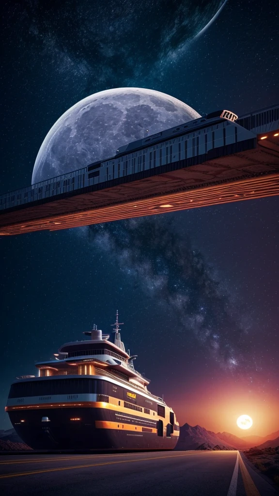 surreal mountains, futuristic ship, full moon, planets, winding road, night sky, atmospheric lighting, dramatic scenery, cinematic composition, hyper detailed, vibrant colors, photorealistic, award winning digital art