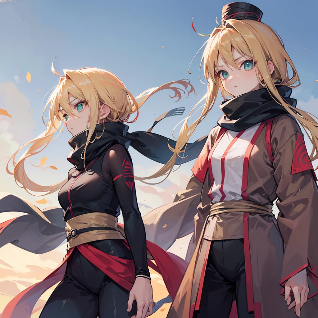 "Using advanced artificial intelligence technology, imagine a picture of Temari, a strong and determined female character in Naruto. Temari has long silky blonde hair that flows freely in the wind, with a lock that falls over her face framing her intense and penetrating green eyes. She is wearing a ninja outfit with a long brown coat and tight black pants., complemented with a red scarf around his neck. His posture is firm and confident, showing a calm but powerful attitude. The background could be an arid and windy landscape, with sand dunes and clear blue skies, evoking her skill as a wind master and her connection to the hidden village of sand."