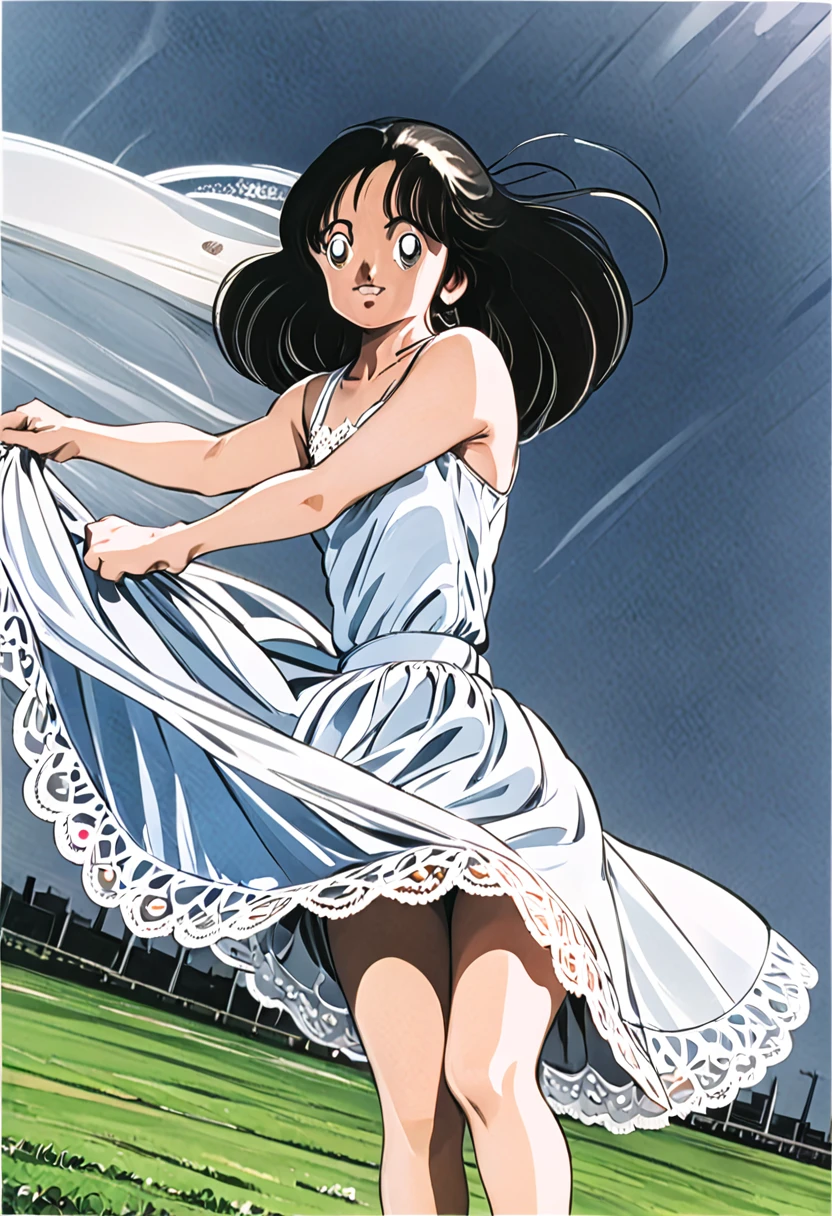 音無響子
Low - Angle、
Low - Angle、Long skirt、Hold down your skirt that is being blown up by the strong wind、Anime white panties in a strong wind、Crotch is visible
ローレグのパンツ、Color: White、
Crotch is visible、
、Lined、White lace lining、
