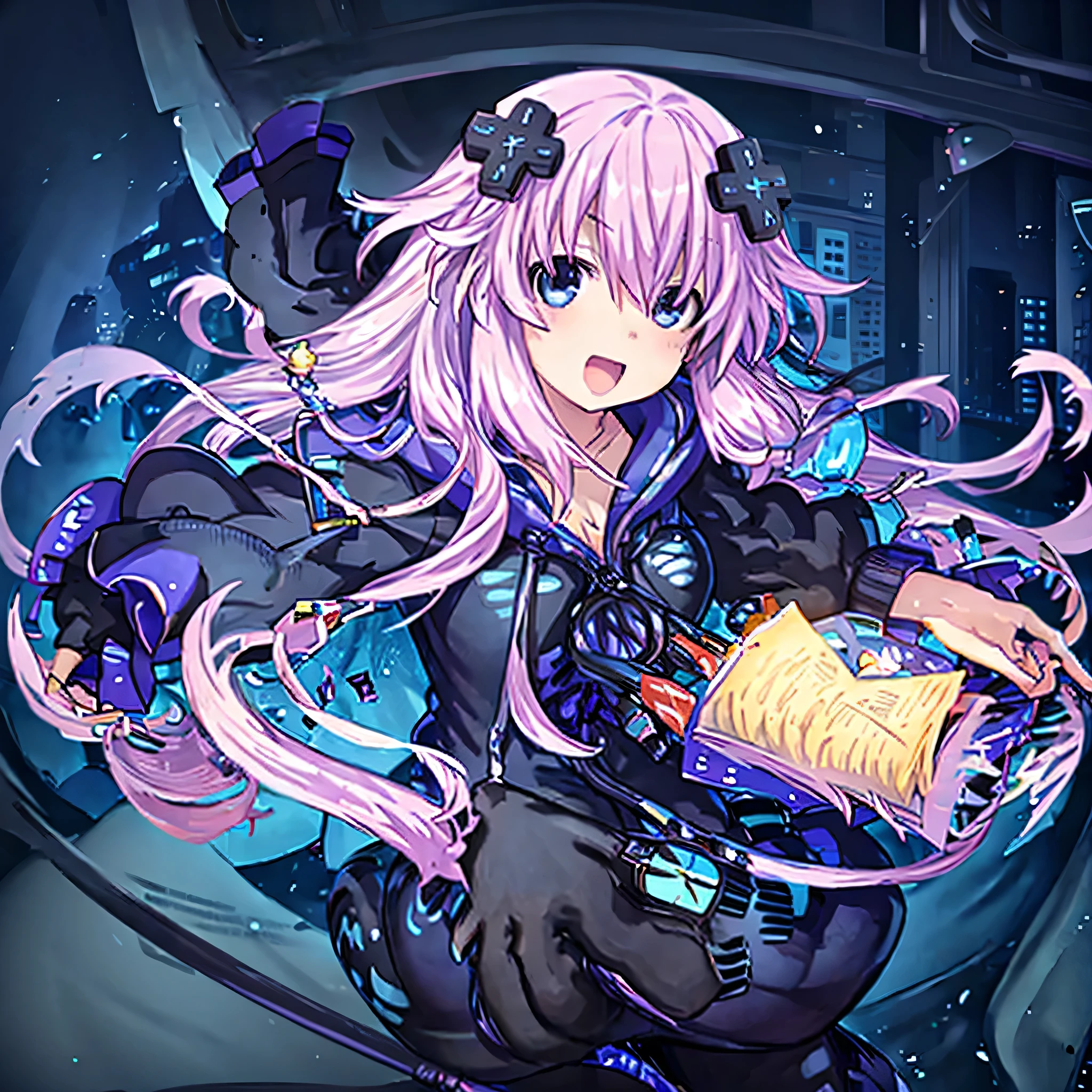 masterpiece, highres,best quality,Perfect details,ultra-detailed,1girl,solo,nep traveller,cleavage, d-pad hair ornament,(pov)
