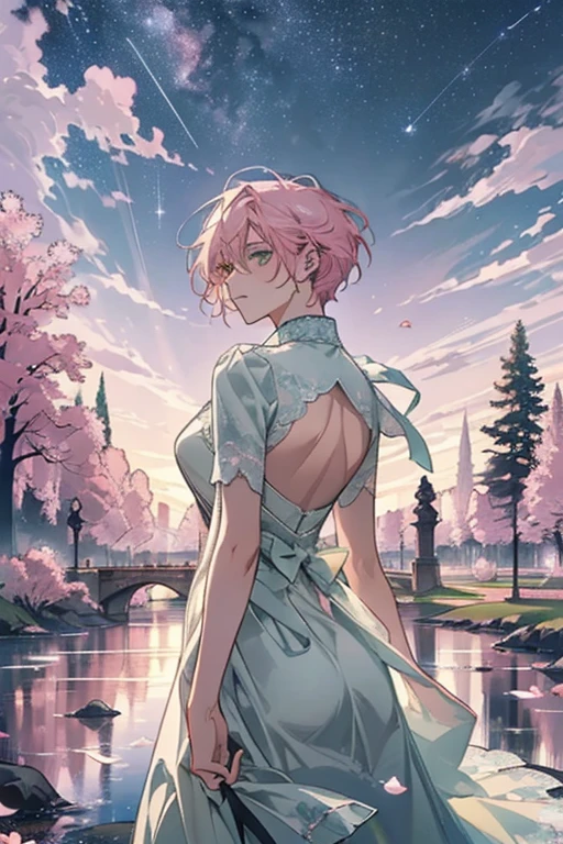 (magical pretty night sky green stream overlay scene), (sky), (clouds), soft lighting, clean background, beautiful scenery, work of art, high qualiy, Beautiful graphics, high détail, epic scenery, Garden, flowers, clouds, (night starry sky, back river, huge ancient trees behind, falling bright pink petals behind)
