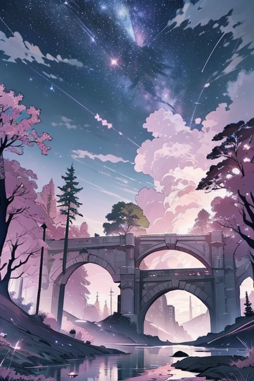 (magical pretty night sky green stream overlay scene), (sky), (clouds), soft lighting, clean background, beautiful scenery, work of art, high qualiy, Beautiful graphics, high détail, epic scenery, Garden, flowers, clouds, (night starry sky, back river, huge ancient trees behind, falling bright pink petals behind)