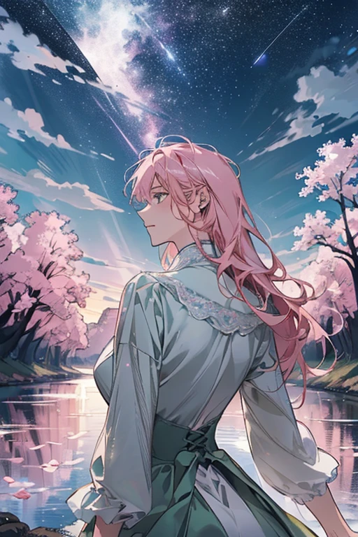 (magical pretty night sky green stream overlay scene), (sky), (clouds), soft lighting, clean background, beautiful scenery, work of art, high qualiy, Beautiful graphics, high détail, epic scenery, Garden, flowers, clouds, (night starry sky, back river, huge ancient trees behind, falling bright pink petals behind)