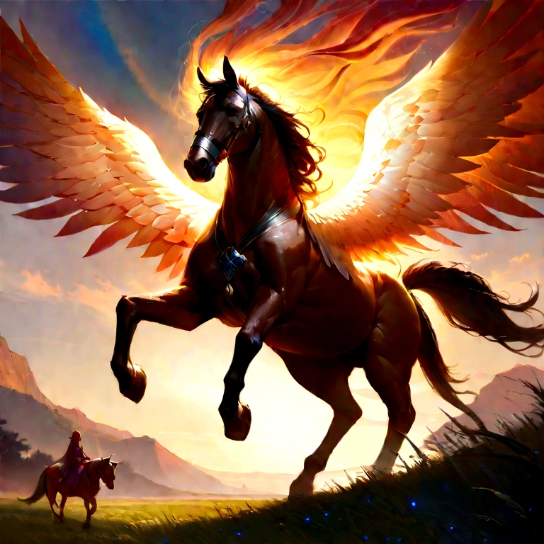 (best quality,realistic:1.37),Pegasus horse,beautiful detailed wings,fierce and majestic appearance,galloping on a grassy meadow,soft sunlight illuminating the scene,dreamlike and enchanting atmosphere,atmospheric chiaroscuro,a sense of  and power,vivid colors,impressive grace and elegance,masterpiece:1.2,surreal landscape,mythological creature,mystical vibes,fantastical beast,divine and celestial,grandiose and mythical presence,floating effortlessly in the sky,glowing mane and tail,ethereal and otherworldly,mythical symbolism,legendary and powerful,Flying horse,flawless anatomy,long and slim legs,strong and muscular body,graceful and fluid movements,exquisite muzzle and expressive eyes,delicate features and intricate details.Colour red,orange