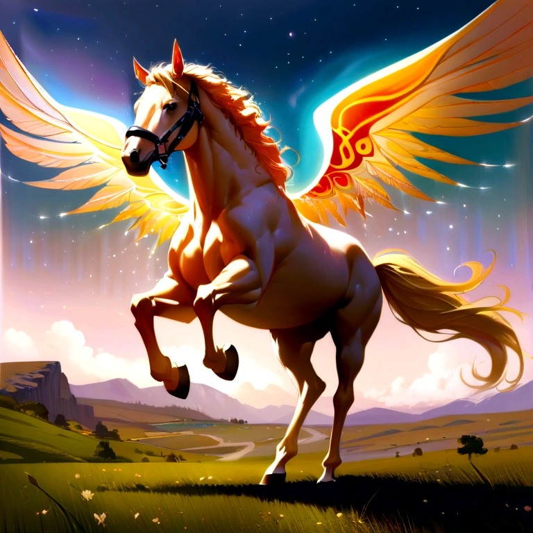 (best quality,realistic:1.37),Pegasus horse,beautiful detailed wings,fierce and majestic appearance,galloping on a grassy meadow,soft sunlight illuminating the scene,dreamlike and enchanting atmosphere,atmospheric chiaroscuro,a sense of and power,vivid colors,impressive grace and elegance,masterpiece:1.2,surreal landscape,mythological creature,mystical vibes,fantastical beast,divine and celestial,grandiose and mythical presence,floating effortlessly in the sky,glowing mane and tail,ethereal and otherworldly,mythical symbolism,legendary and powerful,Flying horse,flawless anatomy,long and slim legs,strong and muscular body,graceful and fluid movements,exquisite muzzle and expressive eyes,delicate features and intricate details.Colour red,orange
