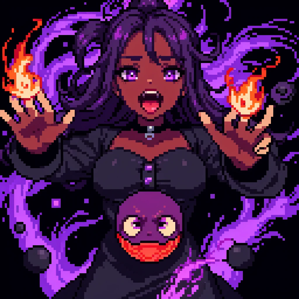 floating voodoo doll head, black holes in face with red dots inside, Voodoo doll, Boss, opening mouth with a purple portal inside floating head, floating hands with purple fire