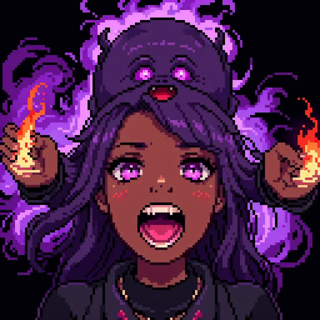 floating voodoo doll head, black holes in face with red dots inside, Voodoo doll, Boss, opening mouth with a purple portal inside floating head, floating hands with purple fire 