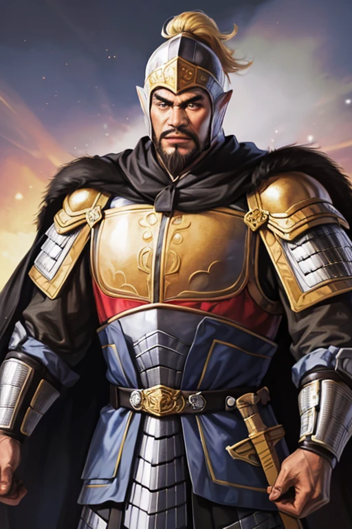 8K,knight with sword,1 male,ornate armor(The elaborately crafted coat of arms of a nobleman),ultra high resolution,surreal,realistic skin,Black hair short hair,big black eyes,muscular body,waist armor,delicate hands, Perfect hand shape, character art,action pose,masterpiece,Realistic RAW photos of the highest quality,bright colors,rich colors, backlight, movie lights, film grain,50mm lens
