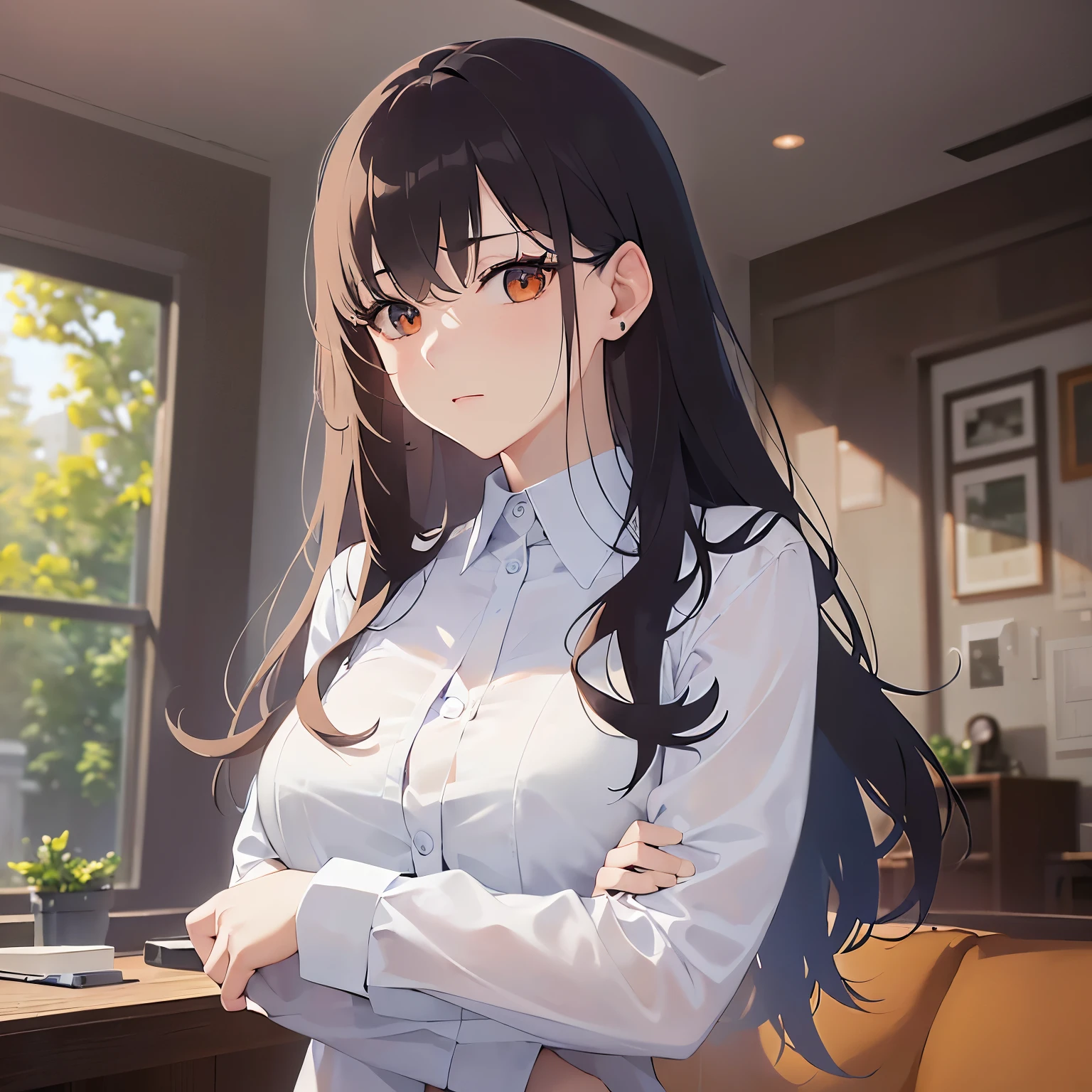 Shooting from below、Upper Body, Realistic, real person, (pale skin: 1.2), RAW photo, photorealistic, shiny skin, shiny hair、 (A 25-year-old woman with medium-length hair and bangs) and (wavy hair) and (brown hair) and (Orange Eyes), (Wearing a business suit:1.5)、 expressionless, The background is the living room、Alone、Are standing