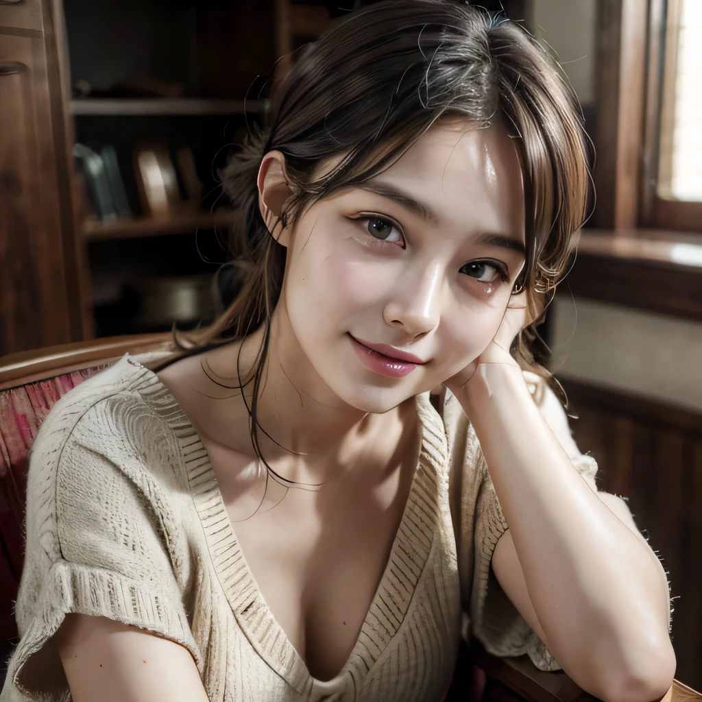 (best quality, masterpiece, ultra detailed, ultra high res, photorealistic, raw photo, absurdres, absolutely resolution), smile, warm colors, 30 year old woman, sitting in a chair, looking straight at me