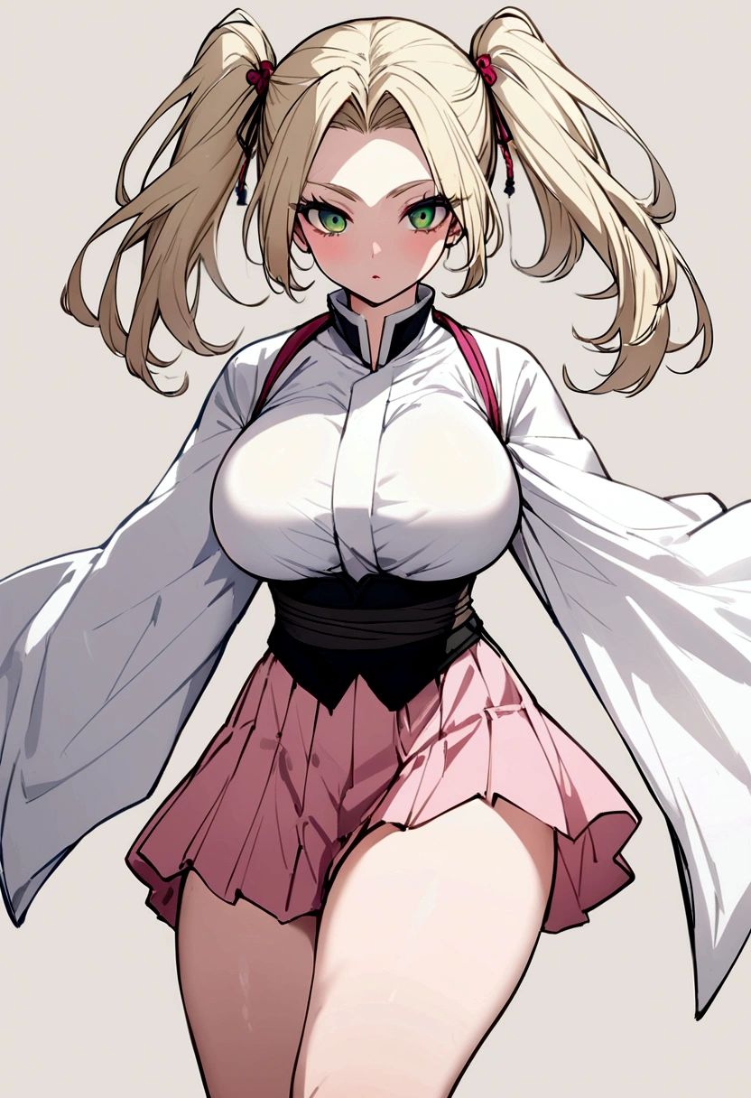 A character with the style of the anime demon slayer. a female character, high, with a small waist, big breasts and thighs. Long hair tied as two pigtails on the sides and bangs in front. Light blonde hair with pink at the end. His costume is the typical color of demon hunters., a short skirt with slits on both sides and shorts under the skirt. A shirt with loose sleeves and pink sneakers with white socks that reach the calves. green eyes