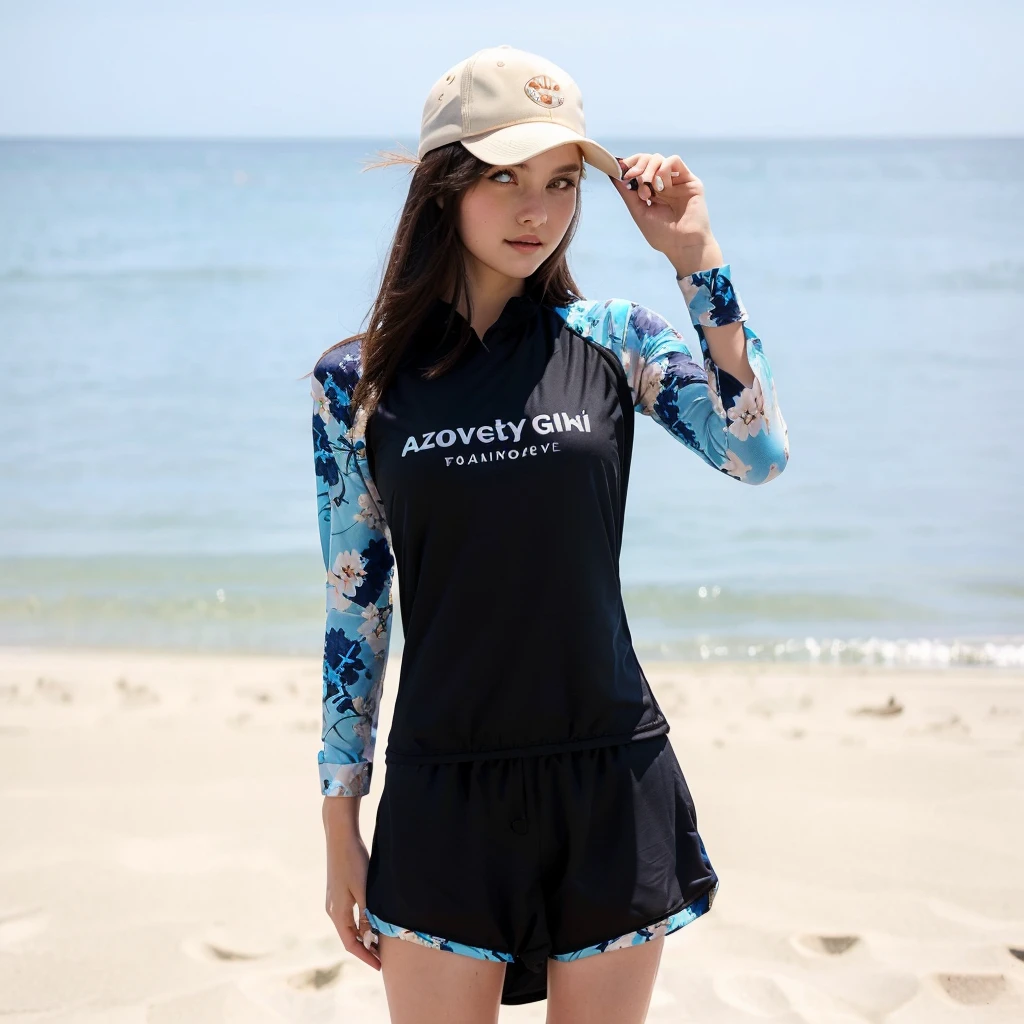 Woman wearing black and blue shirt and shorts on the beach, Wear a two-piece swimsuit, Cute girl wearing tank suit, Wearing a swimsuit, Attractive girl, High quality detailed, Beautiful lady, Thin waist, High quality details, Cute girl, Beautiful women, Young women, Female image, pretty, Lovely woman, Photos of slim girl models