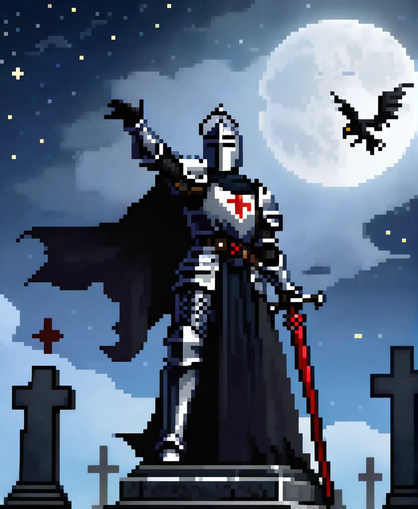 gothic black knight injured soaring and raising his arm to the night sky in a cemetery