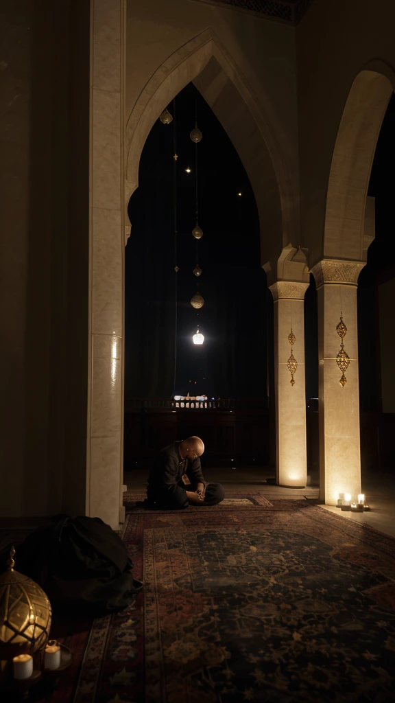 
"A Muslim man is praying at night in a quiet and peaceful mosque. The soft light from the chandelier replaces the light of the setting sun, creating a spiritual aura around him. In the background, the mosque's windows display a view of the bright moon in the sky pure darkness." very real, high resolution, 8k resolution, intricate details