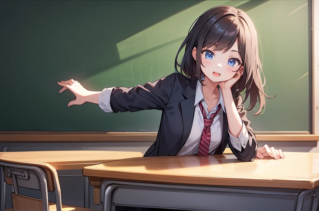 1 girl, cute, teacher, teaching, classroom, blackboard,