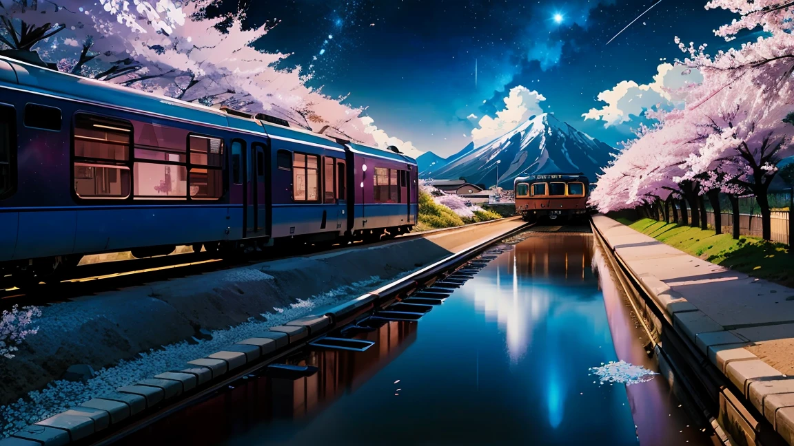 High-quality masterpiece ,landscape,Cartoon train on tracks passing through body of water, Shining starry sky。Romantic train,Urinating,Concept Art,lofi style style,reflector。 author:Shinkai Makoto, lofi style, Beautiful anime scene, 动漫landscape, 详细landscape —宽度 672, Shinkai Makoto风格, Shinkai Makoto的风格,Detail Enhancement,Cherry Blossoms Falling,Powder blue tones