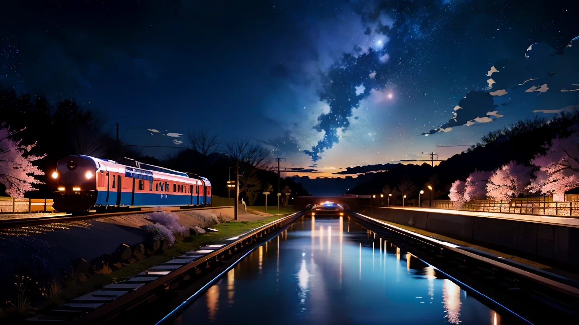 High-quality masterpiece ,landscape,Cartoon train on tracks passing through body of water, Shining starry sky。Romantic train,Urinating,Concept Art,lofi style style,reflector。 author:Shinkai Makoto, lofi style, Beautiful anime scene, 动漫landscape, 详细landscape —宽度 672, Shinkai Makoto风格, Shinkai Makoto的风格,Detail Enhancement,Cherry Blossoms Falling,Powder blue tones