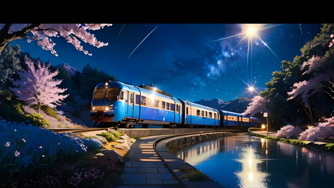 High-quality masterpiece ，landscape，Cartoon train on tracks passing through body of water， Shining starry sky。Romantic train，Urinating，Concept Art，lofi style style，reflector。 author：Shinkai Makoto, lofi style, Beautiful anime scene, 动漫landscape, 详细landscape —宽度 672, Shinkai Makoto风格, Shinkai Makoto的风格，Detail Enhancement，Cherry Blossoms Falling，Powder blue tones