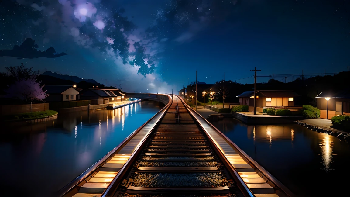 High-quality masterpiece ,landscape,Cartoon train on tracks passing through body of water, Shining starry sky。Romantic train,Urinating,Concept Art,lofi style style,reflector。 author:Shinkai Makoto, lofi style, Beautiful anime scene, 动漫landscape, 详细landscape —宽度 672, Shinkai Makoto风格, Shinkai Makoto的风格,Detail Enhancement,Cherry Blossoms Falling,Powder blue tones