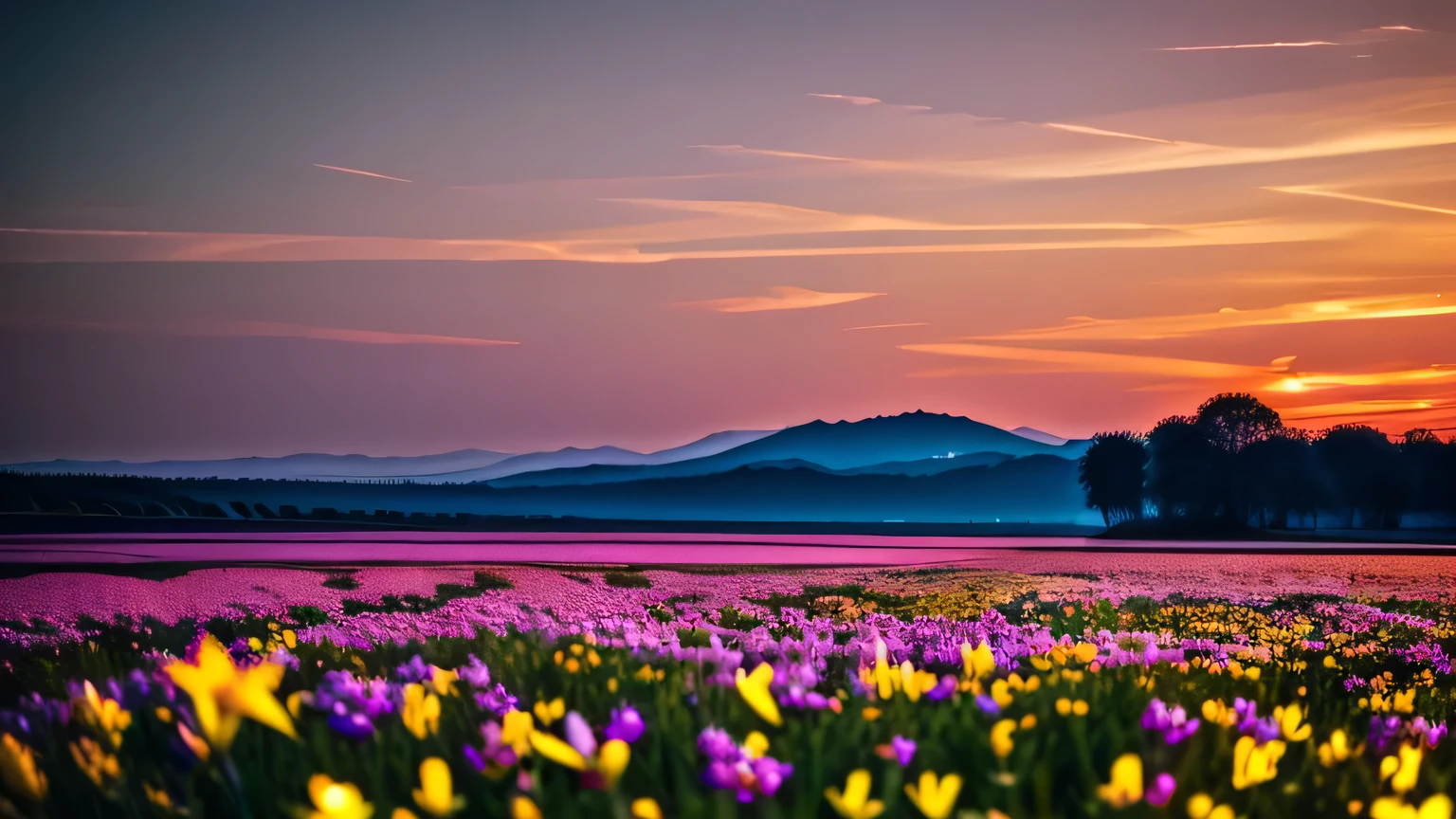 (best quality, masterpiece, ultra detailed, ultra high res, photorealistic, raw photo, absurdres, absolutely resolution), (no people:1.4), Calming images, warm colors, plants, and many flowers, late night