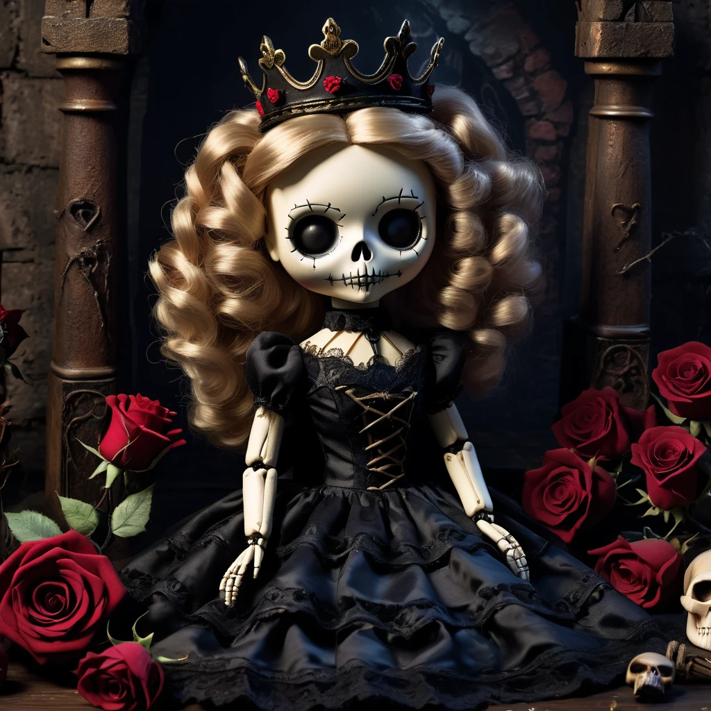 (knitted toy voodoo doll:1.6), (Voodoo Sleeping Beauty:1.3), (clothes Dark dress with lace, wreath of black roses:1.0), (Cursed spindle, skull with crown:1.1) (in the background Abandoned tower with black roses growing around:1.3), best quality, masterpiece, detailed soft oil painting, detailed background, dramatic cinematic lighting, soft edge lighting, professional, dramatic lighting, hard edge lighting, ultra quality, 4k,masterpiece, best quality, 8k, ultra highres, highres, extremely detailed