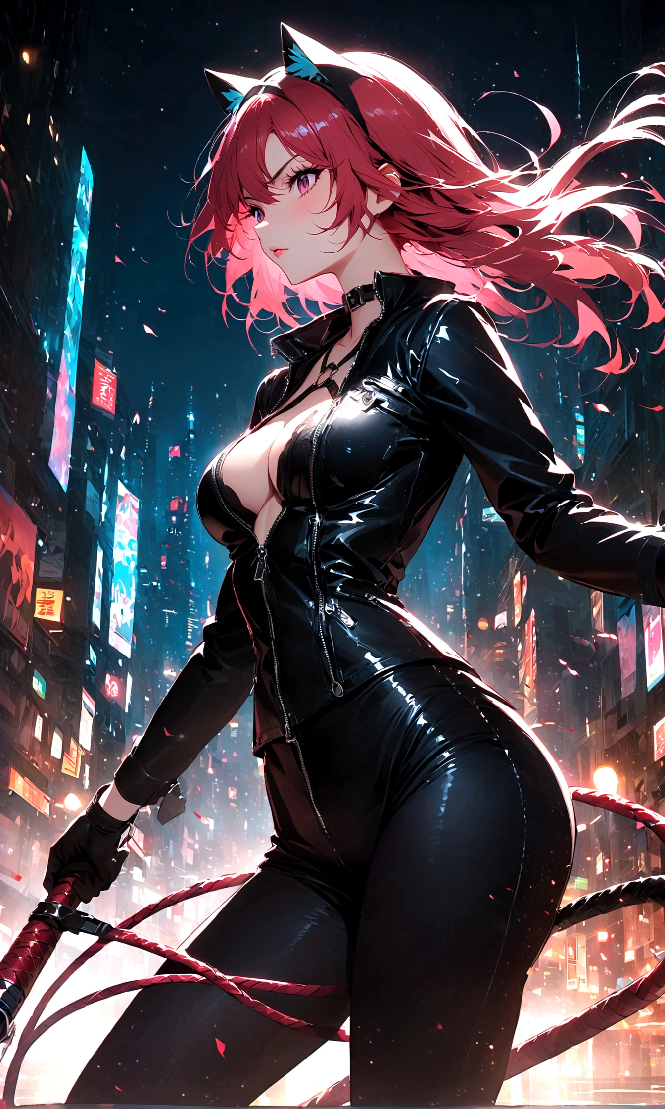 woman,Night city，wind，披wind，Black leather jacket，Catwoman，Rogue，Whip，美漫wind格，((插画wind格))