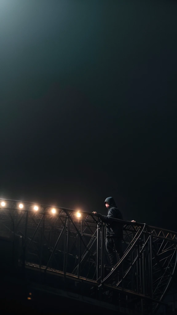 solitary figure in flowing lightweight black garments and a clearly visible balaclava, gripping a broken track with one hand, dangling above an old roller coaster car, dense fog and scattered debris, foggy ambiance, aura of mystery and loneliness, suspenseful and haunting, seen from a side angle, normal lens, ambient diffused light
