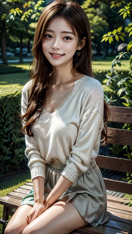 Sitting on a park bench、A young woman in casual clothes reading a book with headphones，She is surrounded by serene nature、It gives off a sense of peace.，Her expression was relaxed.、He has a satisfied smile，Warm lighting and a soft, blurred background、It creates a quiet and gentle atmosphere，Red Hair