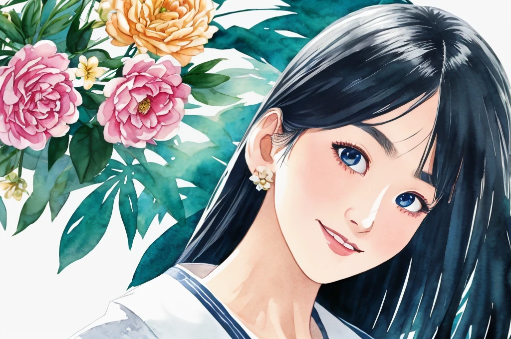 stechu,(white background:1.4), ((tachi-e)), original,(illustration:1.1),(best quality),(masterpiece:1.1),(extremely detailed CG unity 8k wallpaper:1.1), (colorful:0.9),(panorama shot:1.4),(solo:1.2), (ink splashing),(color splashing),((watercolor)), clear sharp focus,{ 1girl standing },((korean style )),flower background,outdoors,rocks, looking at viewer, make happy expressions,soft smile,pure,beautyfull detailed face and eyes,beautyfull intricacy clothing decorative pattern details, black hair,black eyes,colorwater