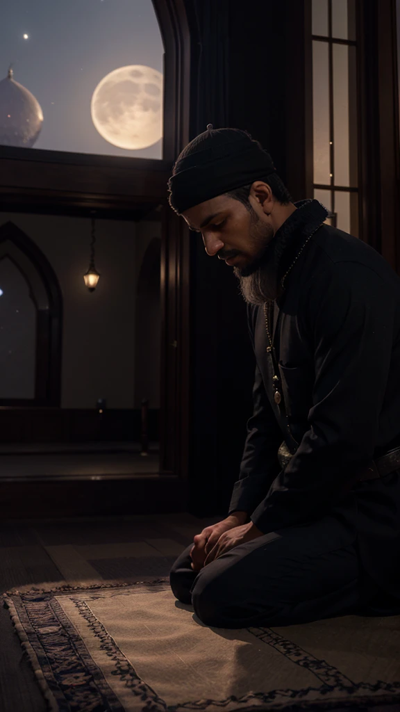 "A Muslim man is praying at night in a quiet and peaceful mosque. The soft light from the chandelier replaces the light of the setting sun, creating a spiritual aura around him. In the background, the mosque's windows display a view of the bright moon in the sky pure darkness." very real, high resolution, 8k resolution, intricate details