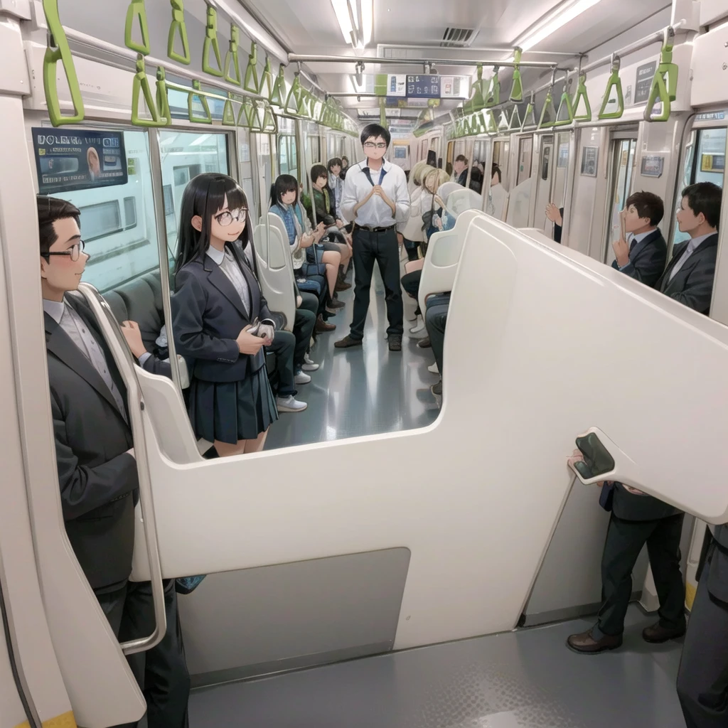 Highest quality, Super detailed, figure,
Multiple Girls, Small breasts , Black Hair, Glasses, school bag, smile, Laughter, View your viewers, crowded train、Lots of schoolgirls、１man、A man stands behind a woman、A man touching a woman&#39;s buttocks or groin、
e235, Inside the train, scenery, Sheet, window, screen, Realistic, photograph background, photograph (Moderate), photographRealistic, close、Surrounded by men１Schoolgirls、Molester
 
