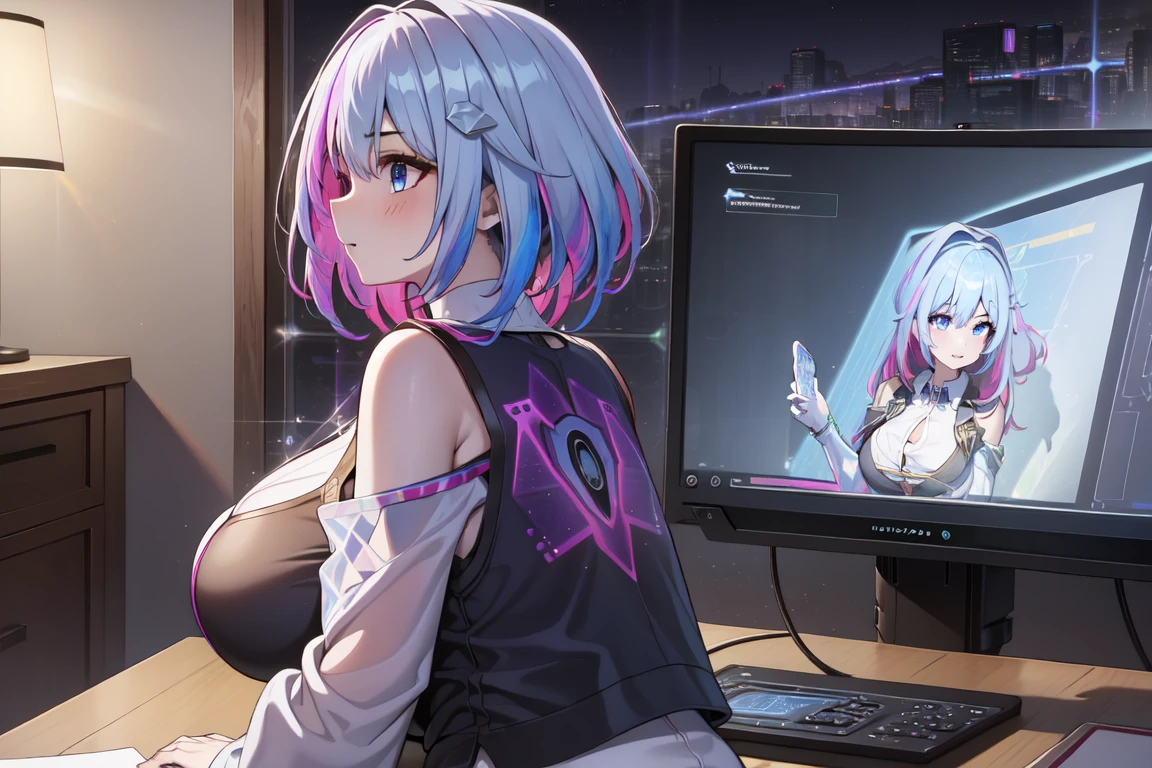 masterpiece, best quality, TopazV4, 1girl, looking at pc screen, solo, hair ornament, ((holographic interface:1.3)), indoors, spaceship, night, professional light, from side, gigantic breasts