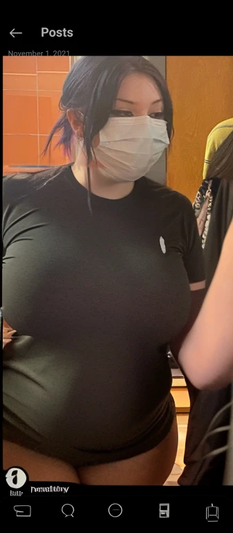 there is a woman wearing a face mask and a shirt, looks like domhnall gleeson, xqc, with the face of emma watson, wearing a t-shirt, very grainy, unknown artist, tommy 1 6 , Big tits, huge tits, no clothes, sexy, cute, wide hips, thick thighs, pear-shaped body, minimal clothes, thick, bbw, chubby stomach, thick nipples, nipple piercings, large areola, hard nipples, piercing through shirt, nipples hard through shirt, busty, major cleavage, naked, ripping through top,  spilling over sides, bra too tight, giant , extra wide hips, upper body zoom in, naked fat girl