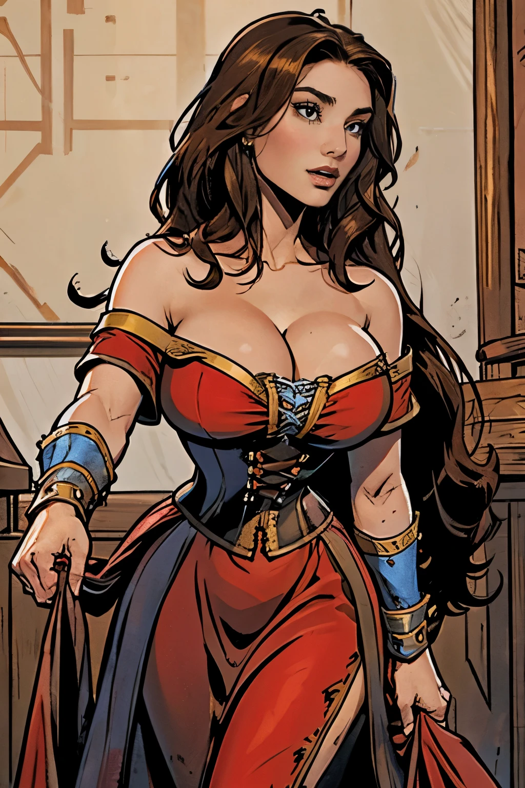 Gorgeous and sultry busty athletic (happy) brunette with sharp facial features, long hair, large breasts wearing a renaissance dress, off-shoulder, corset, red dress, In a renaissance fair.