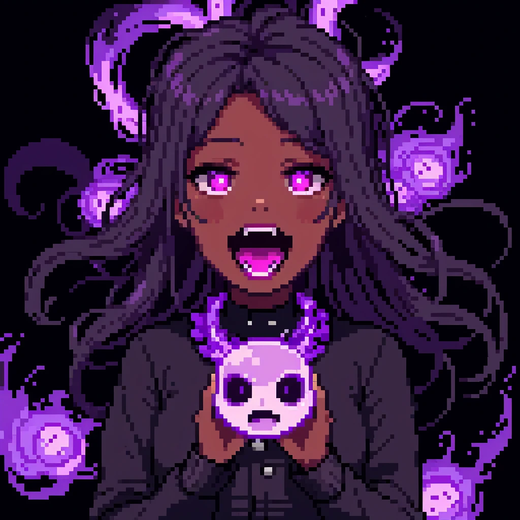 floating voodoo doll head, black holes in face with red dots inside, Voodoo doll, Boss, opening mouth with a purple portal inside floating head, floating hands with purple fire