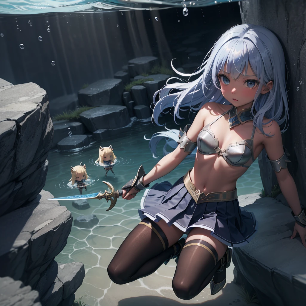 最high quality、high quality、Simple Cloth Armor、Chibi Girl Adventurer、Tiny breasts、Pitch-dark underground labyrinth、No light、skirt、Equipped with a dagger and a shield、Face above water、Body in the water, Underwater photography、浮力でskirt捲れる