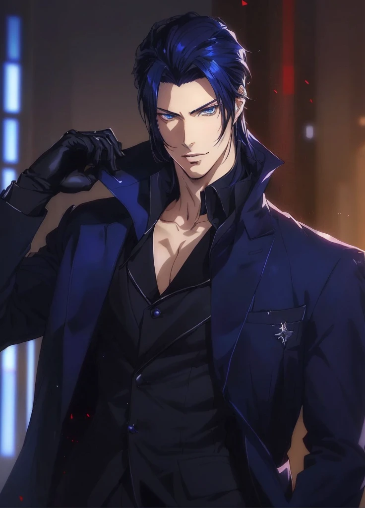 a close up of a person wearing a suit and tie, anime handsome man, tall anime guy with blue eyes, male anime character, sylas, handsome male vampire, sebastian michaelis, handsome guy in demon slayer art, modern cyberpunk anime, anime portrait of a handsome man, male anime style, handsome anime pose, inspired by Yamagata Hiro, anime cyberpunk art