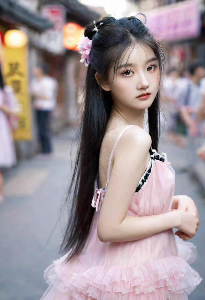 street,(Qingshan:1.5), close up, masterpiece, best quality, original photo, Practical, Face, , Pink Tulle Slip Dress, Black Silk、Absurd, beautiful girl, Lovely, Light long hair, Short strap, Depth of Field, high resolution, Ultra Detail, Fine details, Very detailed, 眼睛和Face的细节非常丰富, Sharp pupils, Realistic students, Sharp focus, light,