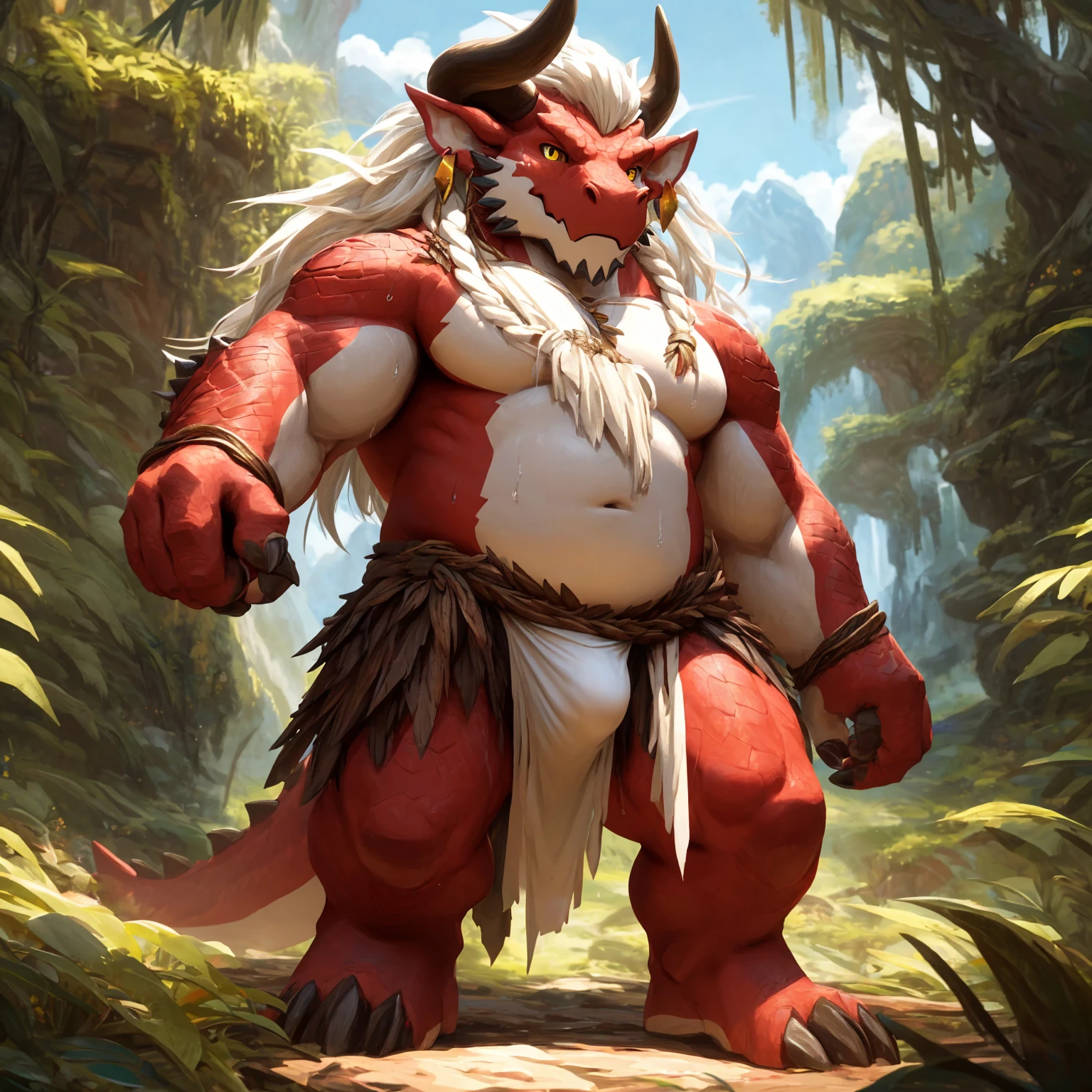 ultra-detailed, masterpiece, masterwork, high quality, best quality, hdr, (nature), nsfw, male, solo, chibi, dragon, ((nude, bulge loincloth, white loincloth)), (little red body minotaur), (white chubby body), (long golden hair, yellow eyes, cool eyes), standing, cross your arms, dynamic angle, earrings, sweat