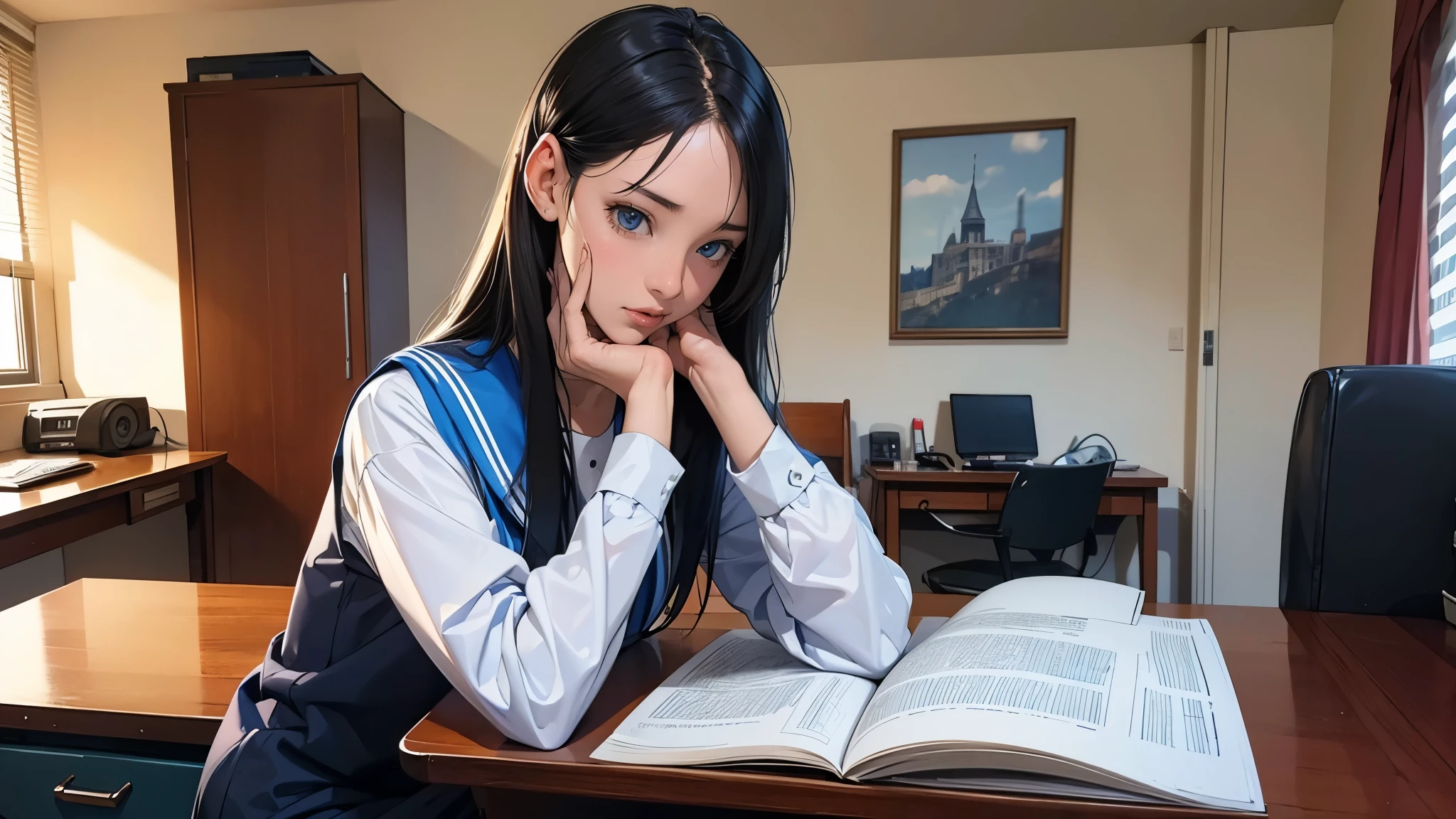 Ultra HD、super high quality、masterpiece、detailed、8K、The place is your room、A high school girl in her room1Person sitting and listening to music on headphones、Studying at a desk、The room is small、15-year-old high school girl、The high school girl is Russian and has long black hair.、Has blue eyes、Has a glamorous figure、The clothes she's wearing are a camisole, a miniskirt, and knee-high socks.、Or wearing a uniform、Pretty sexy、Lo-Fi images,The background is blurred、Nostalgic and relaxing atmosphere、The decorations are retro.、Late Night、The light is a desk lamp
