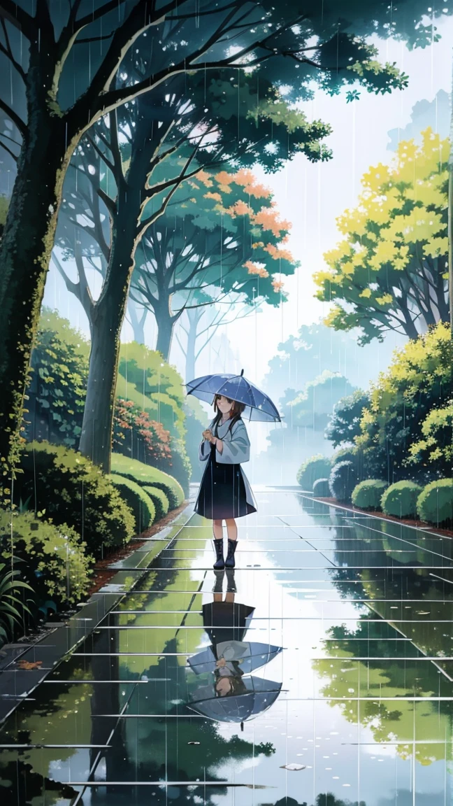 A Japanese anime-style illustration of a young girl walking with an umbrella in the rain. The scene depicts the girl in a serene and peaceful atmosphere, with soft lighting and gentle rain. The background includes elements like trees, a pathway, and a calm landscape, creating a tranquil setting. The girl is wearing a light raincoat and boots, with her umbrella shielding her from the rain. The image is in a 9:16 aspect ratio.
