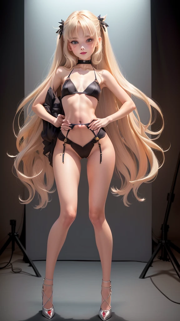 nsfw, ((full body)), (full body in view, full body visible, body forward facing, full body shot: 1.9, full body view:1.9, wide angle:1.2, zoom out, forward facing view), 8K raw photo, Best quality, masterpiece, ultra high res, looking at viewer, ((A 10 year old girl, Beatrix Anerhauser (Zom 100))), long wavy blonde hair, twin tails, natural skin texture, Big Eyes:1.8, Exquisite Eyes:1.5, Glowing Ice Blue Eyes:1.8, almond-shaped eyes, eye-shadow:1.5, intensify in many eyelashes, blonde eyelashes, perfectly arched eyebrows, many eyelashes, and face details, rouge cheeks, small nose, cute nose, button nose, full lips, parted lips, smile expression:1.7, perfect teeth, red lipstick:1.2, small nose, cute nose, button nose, beautiful legs, tall female, skinny, long_legs:1.7, slim_legs:1.8, thin_thighs:1.8, thigh_gap:1.8, ((tiny waist:1.8, small hips:1.8)), supermodel, gymnast body, small breasts, shaved pubic area, bald pussy, flat grey background, naked, black silk stockings, black high heels, perfect feet, ((sexy standing pose:1.7, legs spread)), ((full body)), (full body in view, full body visible, body forward facing, full body shot:1.9, full body view:1.9, wide angle:1.0, zoom out, forward facing view, long slender legs in frame, beautiful face in frame, naked, nude), (nsfw, nude, uncensored), ((full body, completely nude, full body in frame)), a young woman in a bikini posing for a picture in a studio, photo of slim girl model, bikini model, 10 year old female model, model with attractive body, feminine slim figure, full body shot in bikini, sexy girl, attire: bikini, photo of slim girl, sultry body with sexy abs, gorgeous bikini model, beautiful fashion model body, attractive body, full body shot