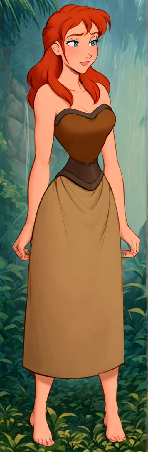 Jane from Disney's Tarzan, redhead, wearing corset, romancing two African warriors, full body image, panoramic, Disney stylized realism style