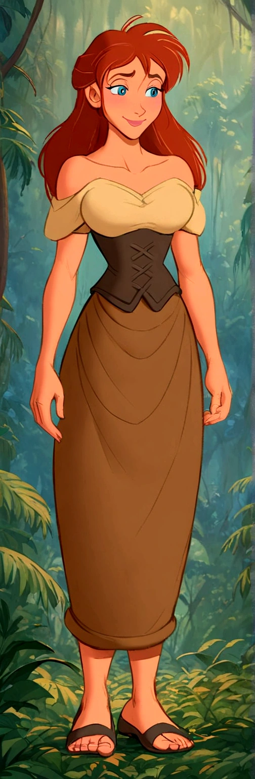 Jane from Disney's Tarzan, redhead, wearing corset, romancing two African warriors, full body image, panoramic, Disney stylized realism style