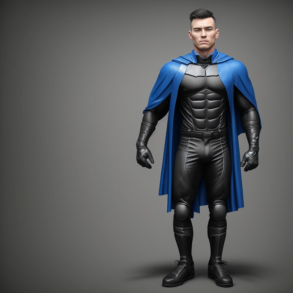 A realistic 3D male model in full body composition, wearing a full body hero suit and cape in the pattern of a professional baseball uniform, a very short haired, crew cut, cool, dandy-like, veteran-aged man with a shiny, sparkling blue cape that is longer than his body, gloves and a cap are always worn, an original hero, only the eyebrows, eyelashes and eyes are visible, his mouth is bandaged and sealed, the upper half of his face is bare with a sharp gaze, he has six pack abs, a muscular macho man with a sturdy body, he has both legs closed, his hands are clasped behind his back in an X shape, his whole body is bound and sealed with duct tape and he is held down. He has collapsed from exhaustion and is sleeping with his eyes closed. A coat of arms, in a dark room background, his whole body facing forward, backward, left and right (north, south, east and west), an image of him being restrained and mummified.