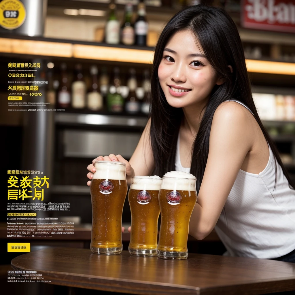 Beer promotion flyer, 1 asian girl holding 2 glasses of beer