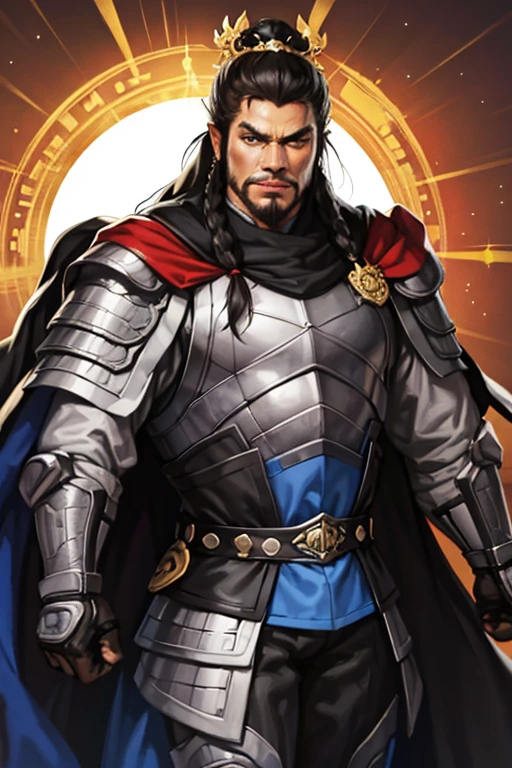 8K,man with sword,ornate armor(The elaborately crafted coat of arms of a nobleman),ultra high resolution,surreal,realistic skin,Black hair short hair,big black eyes,clear eye description, muscular body,waist armor,delicate hands, Perfect hand shape, character art, action pose,masterpiece,Realistic RAW photos of the highest quality,bright colors,rich colors, backlight, movie lights, film grain,50mm lens
