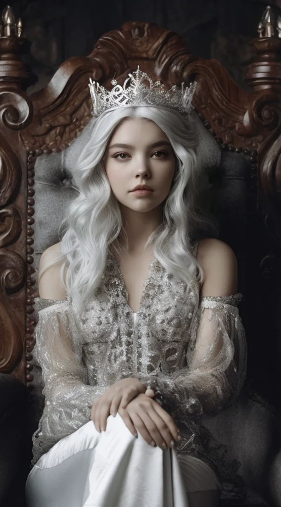 a woman with a tia sits in a chair wearing a white dress, anya taylor - joy vampire queen, gothic princess portrait, 4k hd. snow white hair, soft devil queen madison beer, inspired by Elsa Bleda, beautiful elegant demon queen, very beautiful elven top model, tom bagshaw style, beautiful vampire female queen, portrait of an elf queen